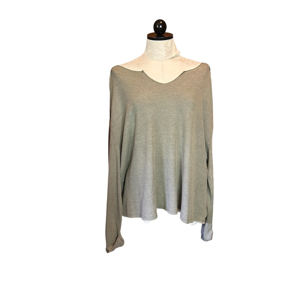 Knox Rose Sage Green Lace Shoulder Thermal Waffle Knit Top NWT Boho Plus XXL 2X